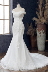 White Beaded Embroidered Off-the-Shoulder Wedding Dress